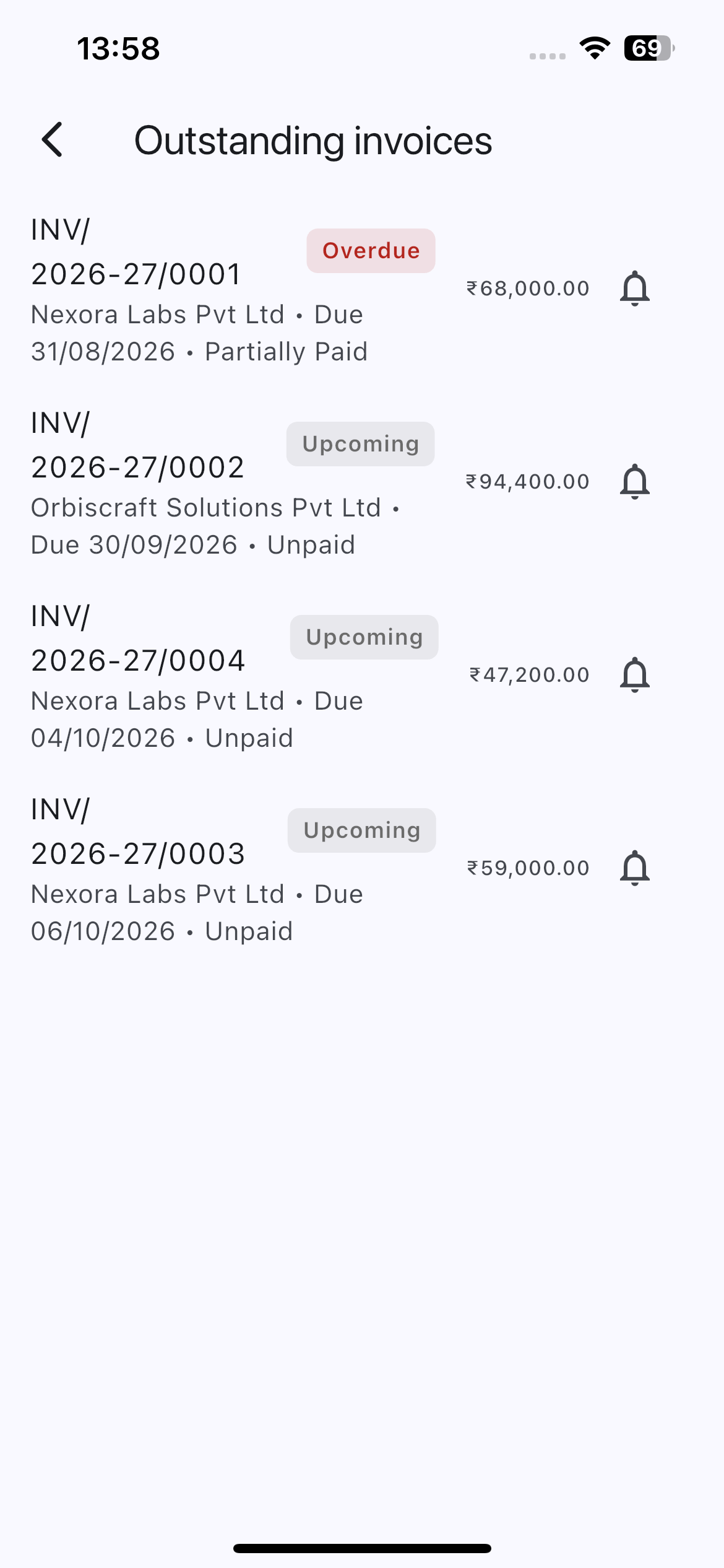 Mivale outstanding invoices screen